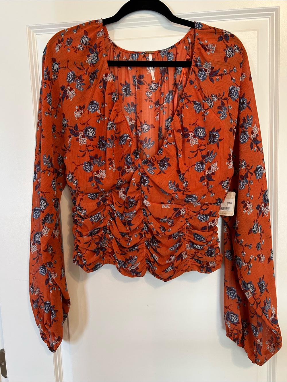 Free People Rust Orange Floral Ruched Long-Sleeve Blouse